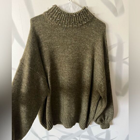 See by Chloe Green Wool Embellished Mock Neck Sweater Size L - Picture 2 of 6